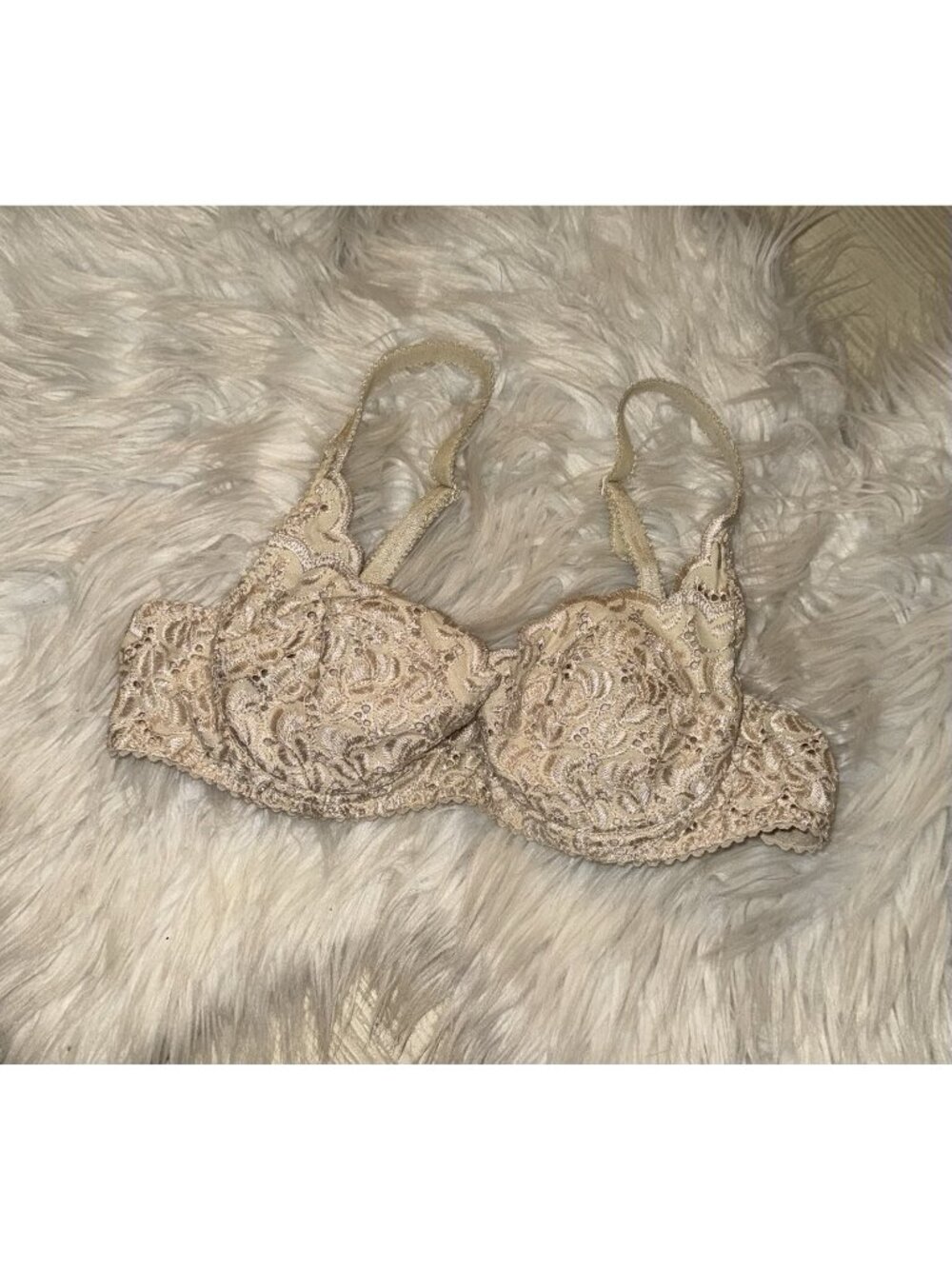 Vintage Delicates Eyelet Lace Push Up Padded Bra Underwire Womens 34B Beige